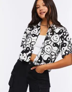 Forever 21 Yin Yang &amp; Peace Print Shirt Cream/Black