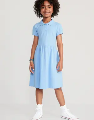 School Uniform Fit & Flare Pique Polo Dress for Girls blue