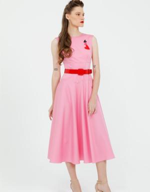 Pink Midi-Length Dress with Heart Brooch Detail and Belt with Low Back