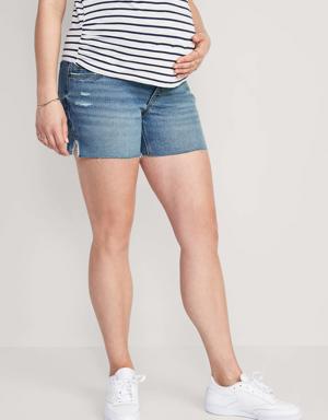 Maternity Full Panel OG Straight Side-Slit Cut-Off Jean Shorts -- 5-inch inseam blue