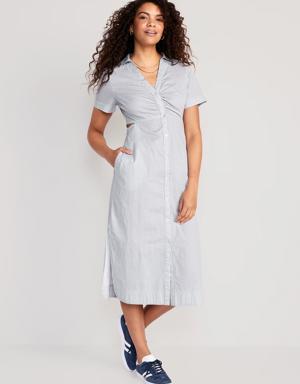 Striped Cutout Midi Shirt Dress for Women blue