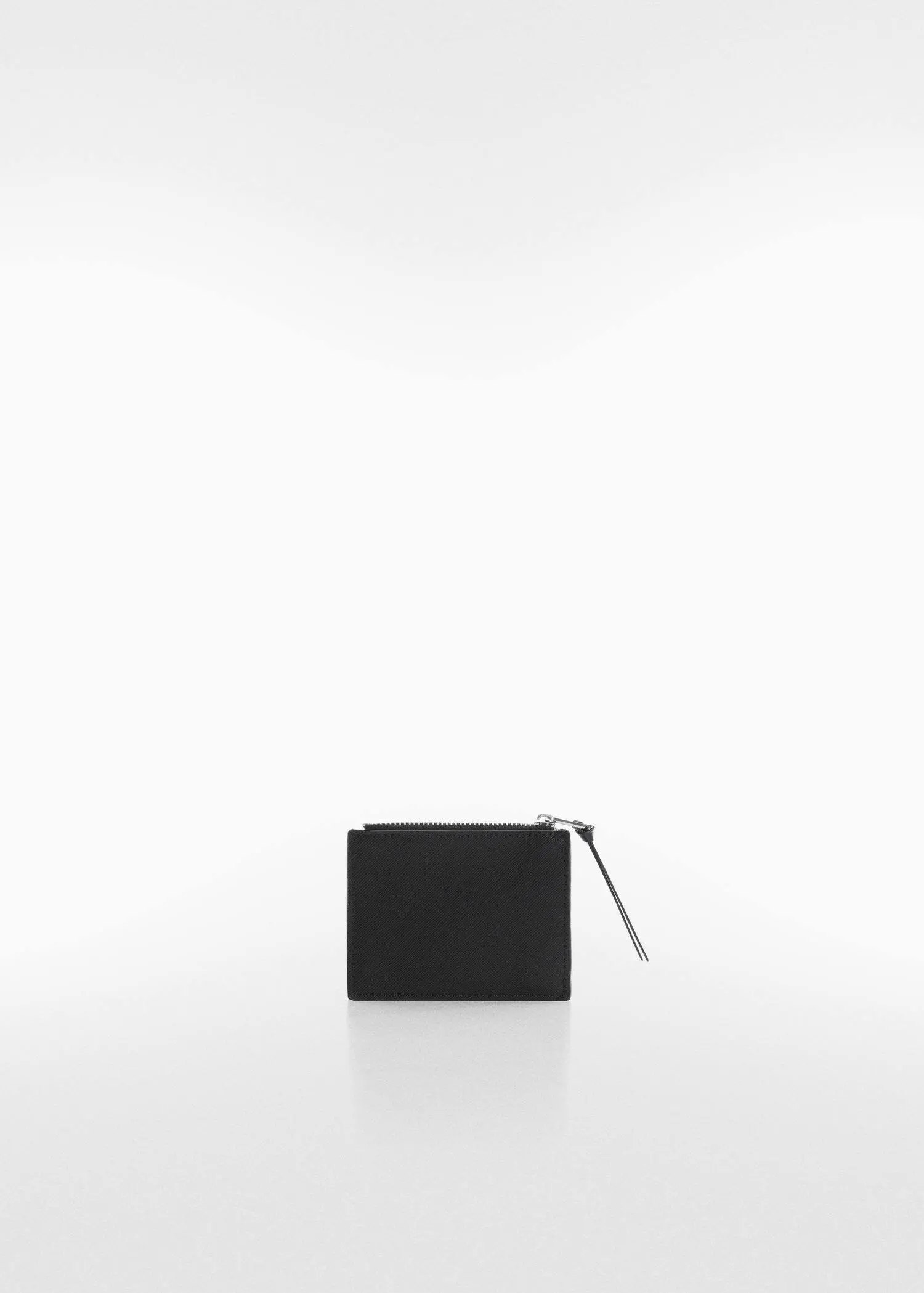 Mango Saffiano-effect cardholder. a black wallet sitting on top of a white table. 