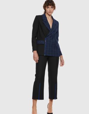 Zipper Detailed Double Breasted Closure Plaid Navy Blue Suit