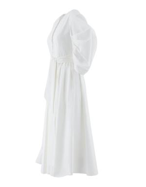 Ecru Dress With Voluminous Detailed Sleeves With One Button On The Front