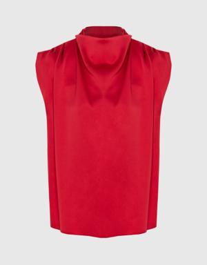 Plunging Collar Zero Sleeve Red Blouse