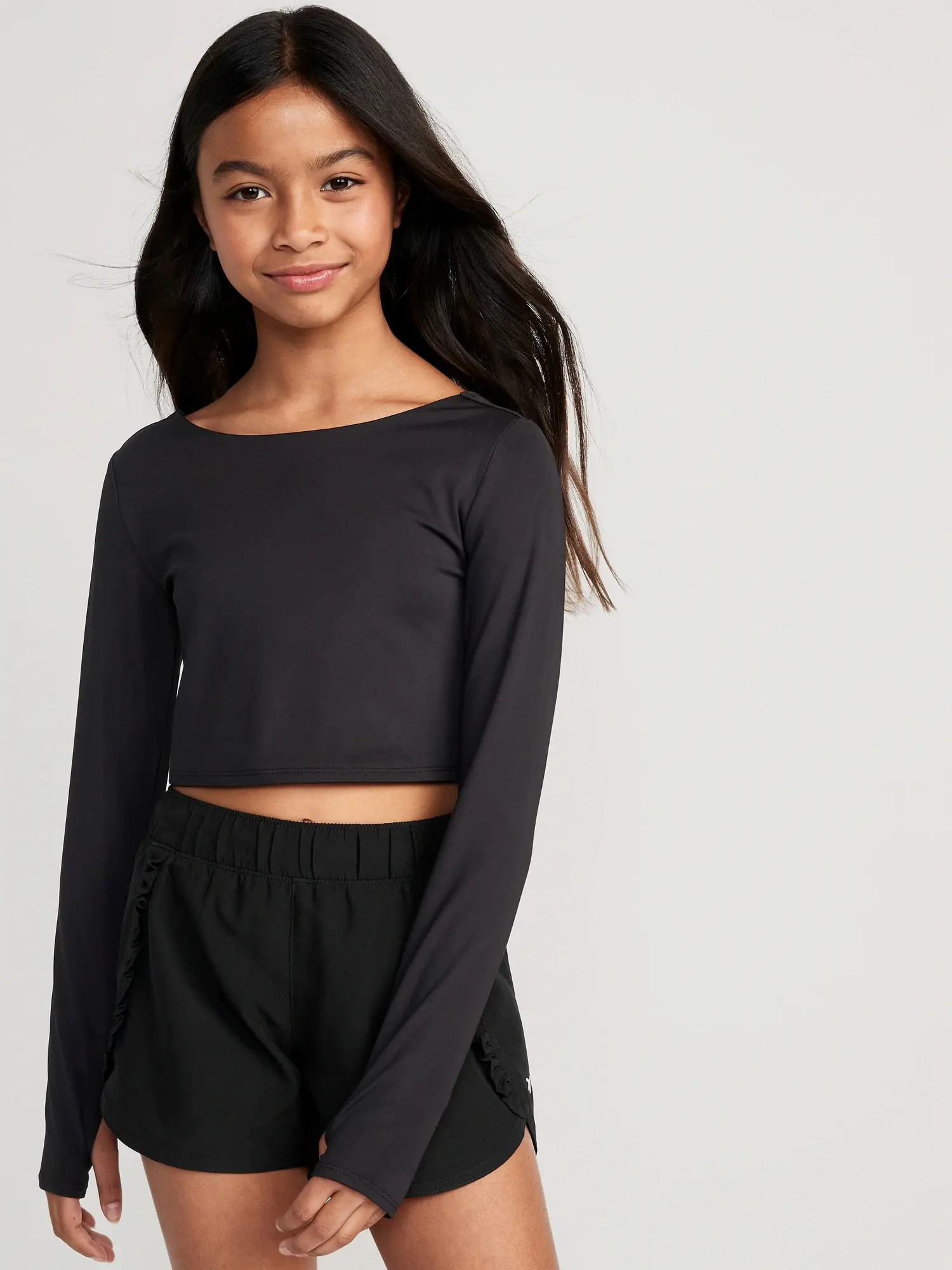 Old Navy PowerSoft Cropped Twist-Back Performance Top for Girls black. 1