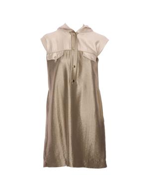 Contrast Color Two Pocket Hooded Satin Beige Dress