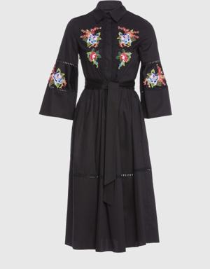 Embroidered Detailed Long Black Dress