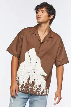 Forever 21 Forever 21 Twill Wolf Graphic Button Front Shirt Brown/Cream. 2