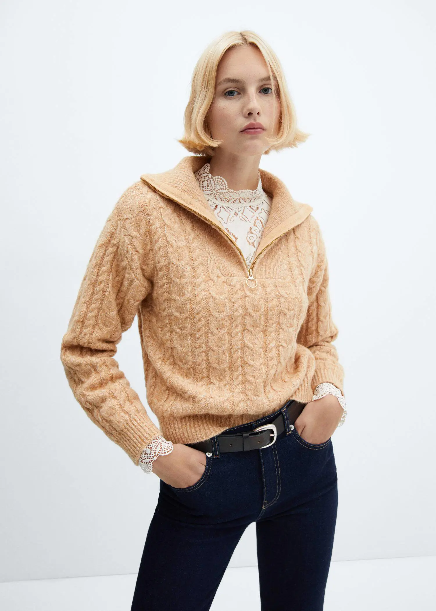 Mango Cable-knit zip-neck sweater. 1
