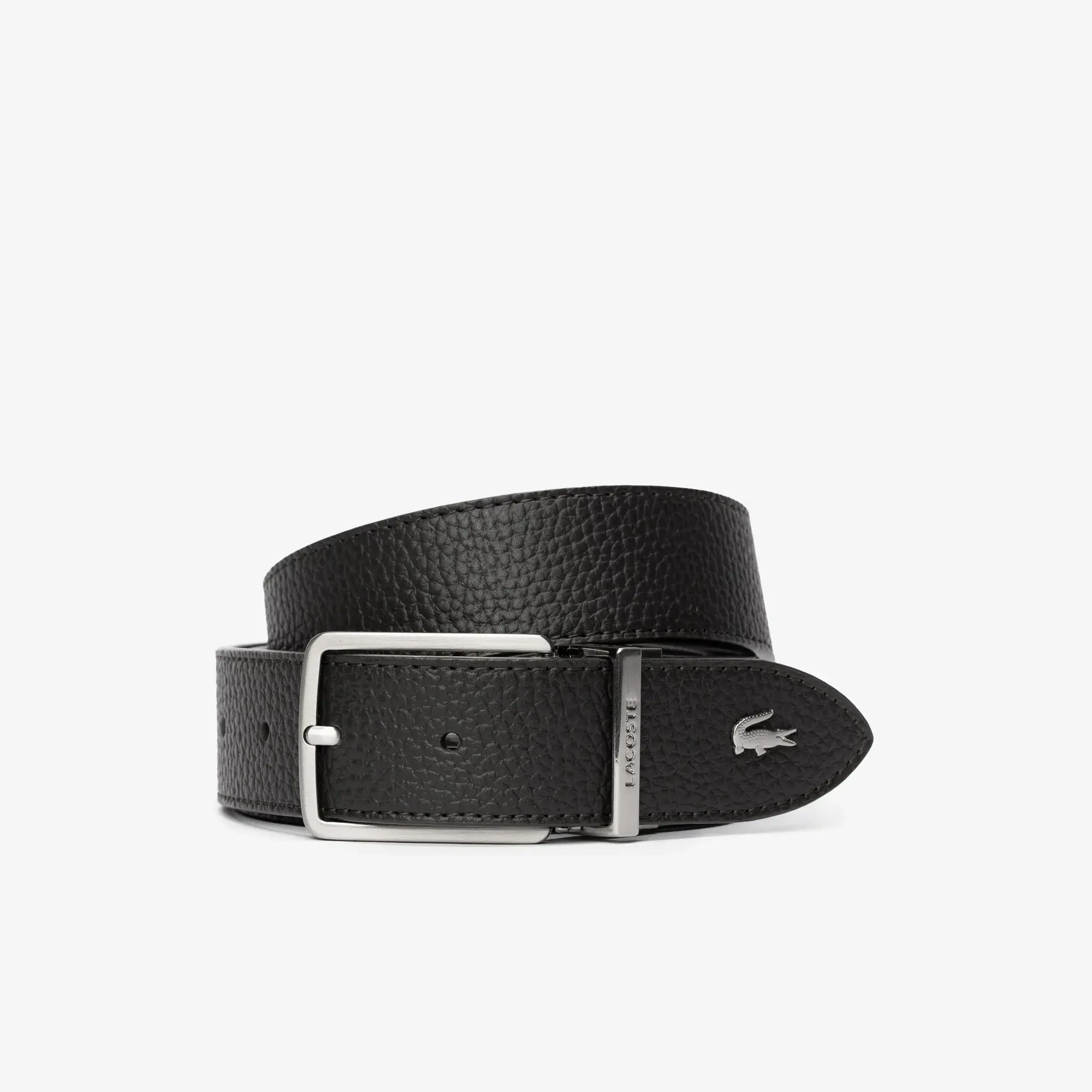 Lacoste Men's Engraved Buckle Grained Leather Belt. 1