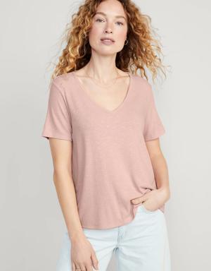 Luxe V-Neck Ribbed Slub-Knit T-Shirt for Women pink