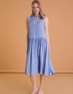 Knitwear Collar Detailed Sleeveless Blue Midi Dress