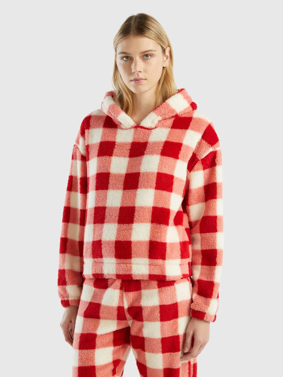 Benetton hooded top in checked fur. 1