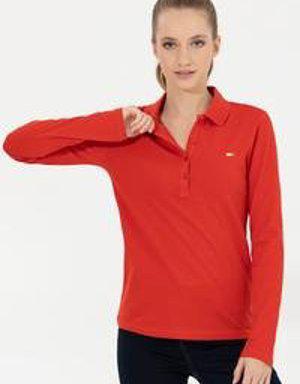 Kadın Kırmızı Polo Yaka Basic Sweatshirt