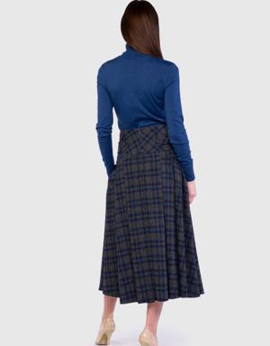 Pleated Detailed Midi Length Plaid Anthracite Wool Skirt