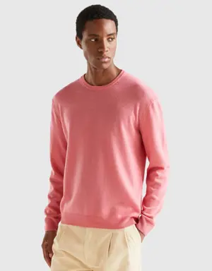 salmon pink crew neck sweater in pure merino wool