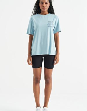 Açık Mavi Ön Arka Baskılı O Yaka Kol Kesikli Oversize Kadın T-Shirt - 02267