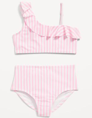 Patterned One-Shoulder Ruffle-Trim Swim Set for Girls pink