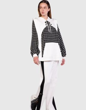 Checkered Tweed Fabric Detailed Ecru Sweatshirt
