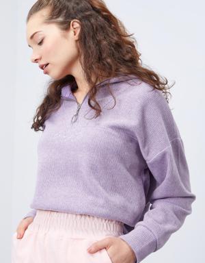 Tommy Life Eflatun Kapüşonlu Yarım Fermuar Selanik Kadın Oversize Triko Crop Top Sweathirt - 97193. 3 Tommy Life Eflatun Kapüşonlu Yarım Fermuar Selanik Kadın Oversize Triko Crop Top Sweathirt - 97193. 3