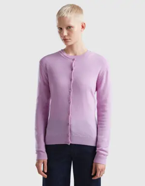 lilac crew neck cardigan in pure merino wool