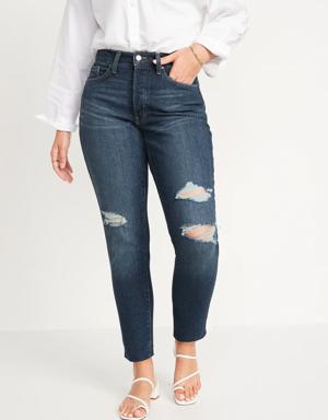 Curvy High-Waisted OG Straight Ripped Cut-Off Jeans for Women blue