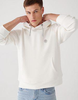 Logo Nakışlı Kapüşonlu Beyaz Sweatshirt