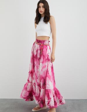 Long Pink Skirt With Chain Belt Lining With Floral Detail
