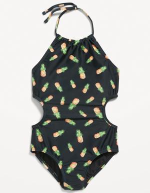 Old Navy Printed Halter Side-Cutout One-Piece Swimsuit for Girls black