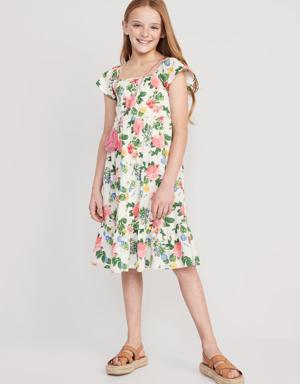 Flutter-Sleeve Fit & Flare Midi Dress for Girls pink