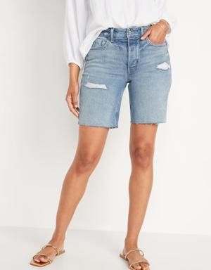 High-Waisted Button-Fly O.G. Straight Distressed Cut-Off Jean Shorts for Women -- 9-inch inseam blue