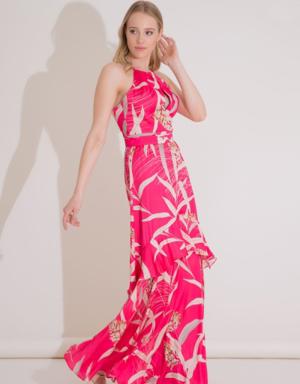 Floral Leaf Patterned Long Pink Viscose Dress