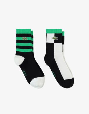Unisex Renk Bloklu Siyah Çorap
