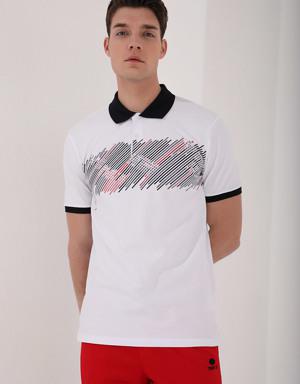 Beyaz Sayı Detaylı Çizgi Baskılı Standart Kalıp Polo Yaka Erkek T-Shirt - 87955