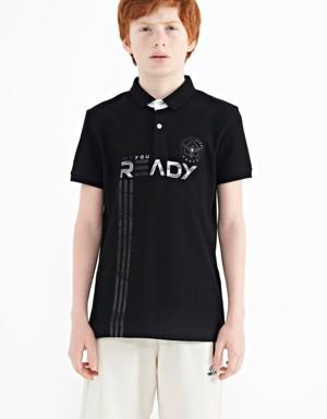 Siyah Yazı Baskı Desenli Standart Kalıp Polo Yaka Erkek Çocuk T-Shirt - 11143