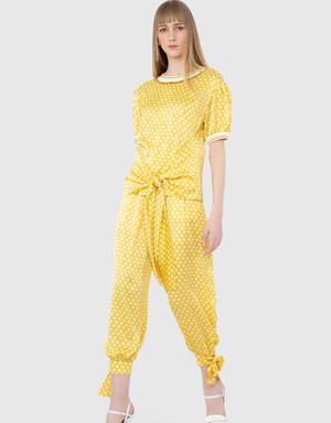 Knitwear Tape Detailed Metal Accessory Tied Yellow Blouse