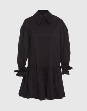 Collar Detailed Long Sleeve Mini Black Dress