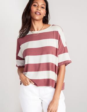 Luxe Oversized Striped Cropped T-Shirt for Women red