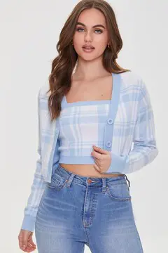 Forever 21 Forever 21 Plaid Crop Top &amp; Cardigan Sweater Set White/Blue. 2
