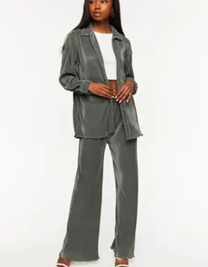 Forever 21 Plisse Lettuce Edge Shirt &amp; Pants Set Gunmetal