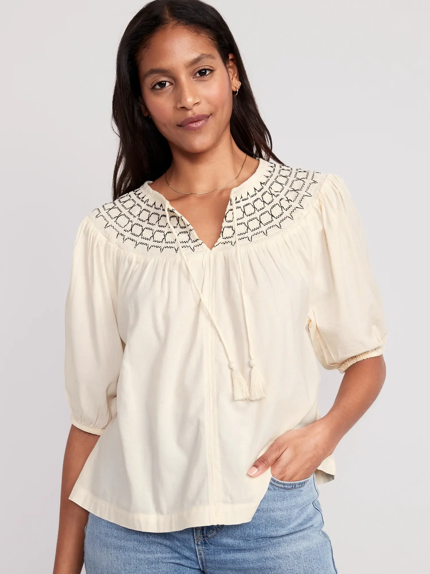 Old Navy Puff-Sleeve Tie-Front Embroidered Swing Top for Women white. 1