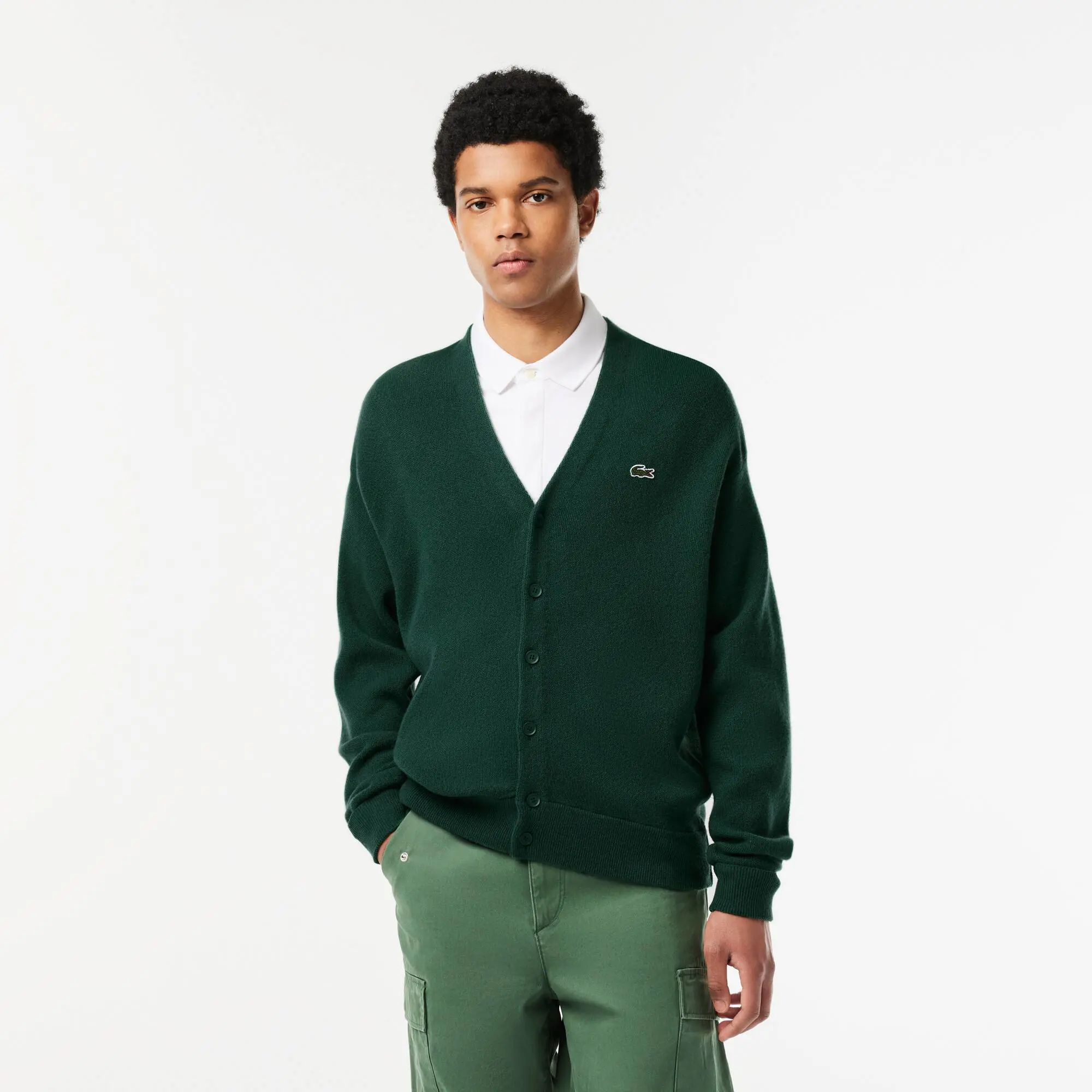 Lacoste Men's Lacoste Relaxed Fit Tone-on-Tone Buttons Wool Cardigan. 1