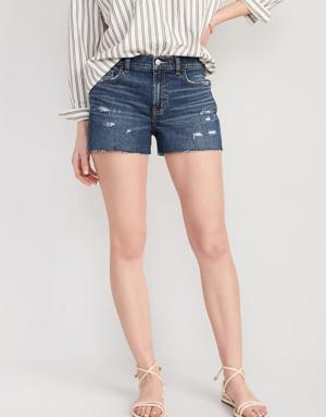 Mid-Rise Boyfriend Ripped Cut-Off Jean Shorts -- 3-inch inseam blue