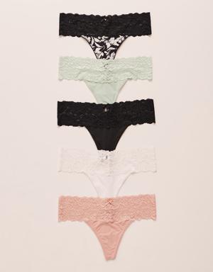 5-Pack Microfiber and Wide Lace Band Thong Panties