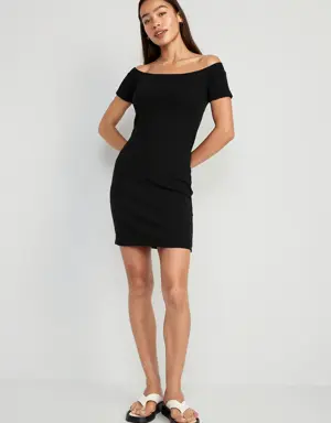 Off-Shoulder Ribbed Mini Dress black