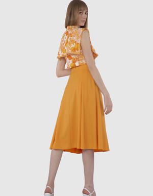 High Waist Button Detailed Midi Length Orange Skirt