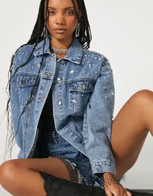 Forever 21 Rhinestone &amp; Faux Gem Trucker Jacket Denim