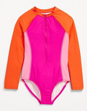 Color-Block Zip-Front Rashguard One-Piece Swimsuit for Girls pink