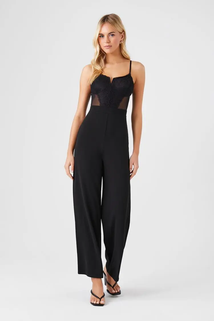 Forever 21 Forever 21 Lace &amp; Mesh Wide Leg Cami Jumpsuit Black. 1